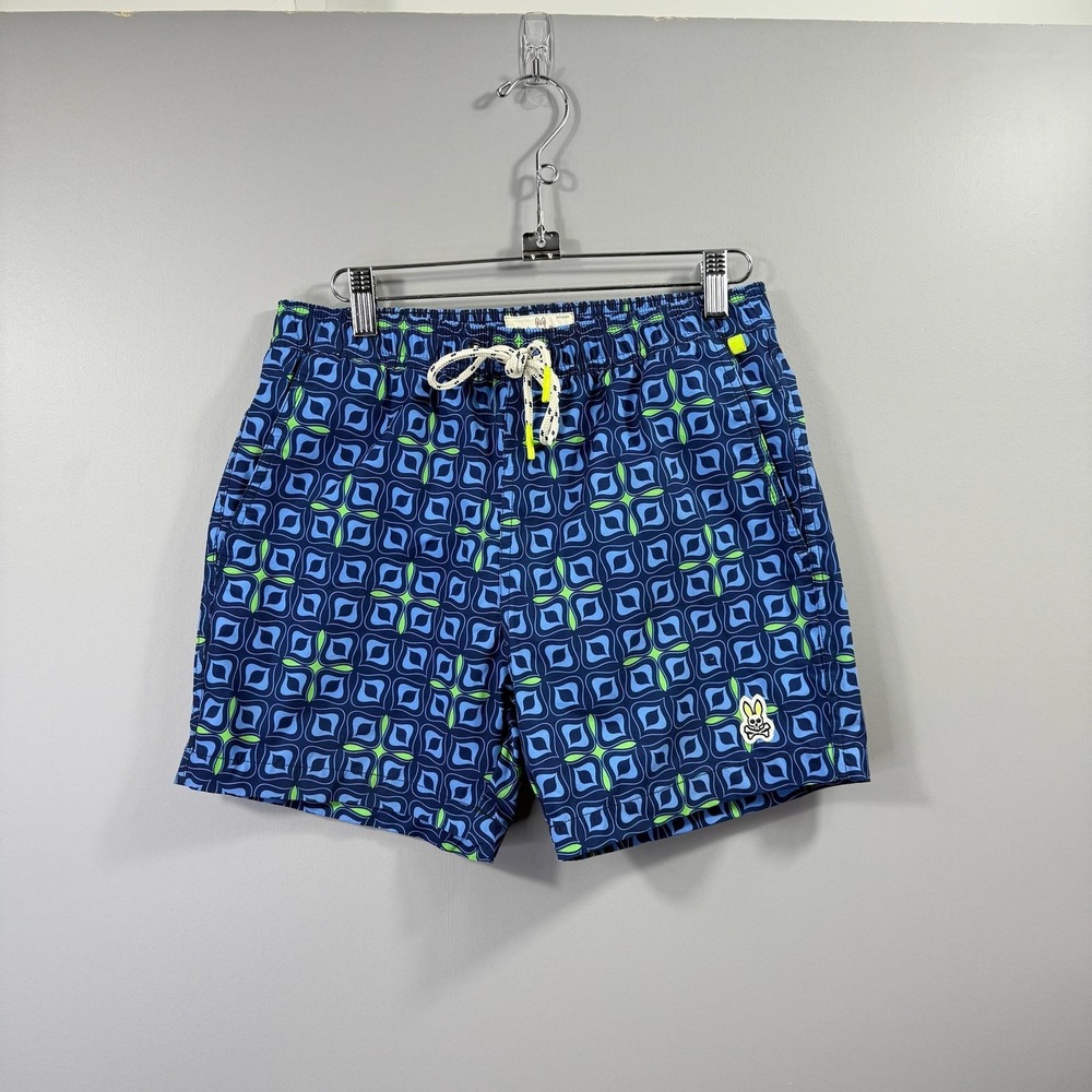 Psycho Bunny Shorts Mens XS Blue Geometric Swim Trunks Lined Drawstring